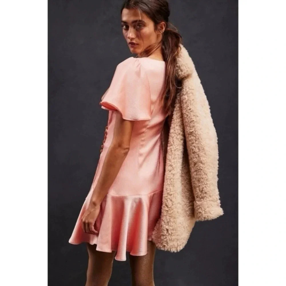 Free People NWOT Peach Scarlett Ruffle Mini Dress Size Small - Picture 2 of 9